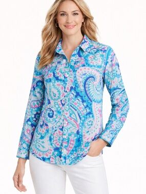 Talbots Petite LP Cotton Paisley Floral Button Shirt Blue Pink Pleat Vacation